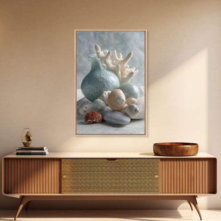 Coral and Shell Arrangement Framed Canvas Print, Bathroom Art, Neutral Decor, Bathroom Decor, Fine Art, Spa, Wall Art, BAT-2x3-43
