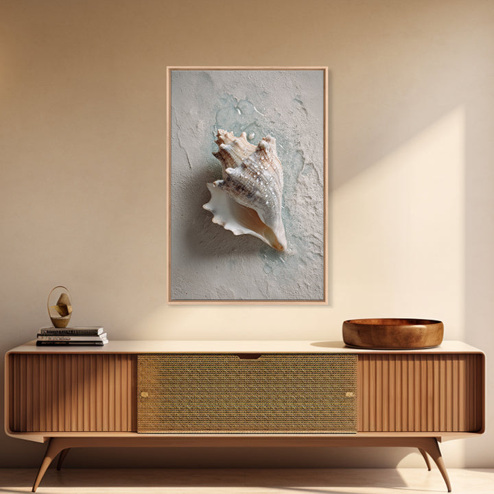 Minimal Seashell Still Life on Pale Sand Framed Canvas Print, Bathroom Art, Boho Decor, Bathroom Decor, Oil Painting, Spa, BAT-2x3-59