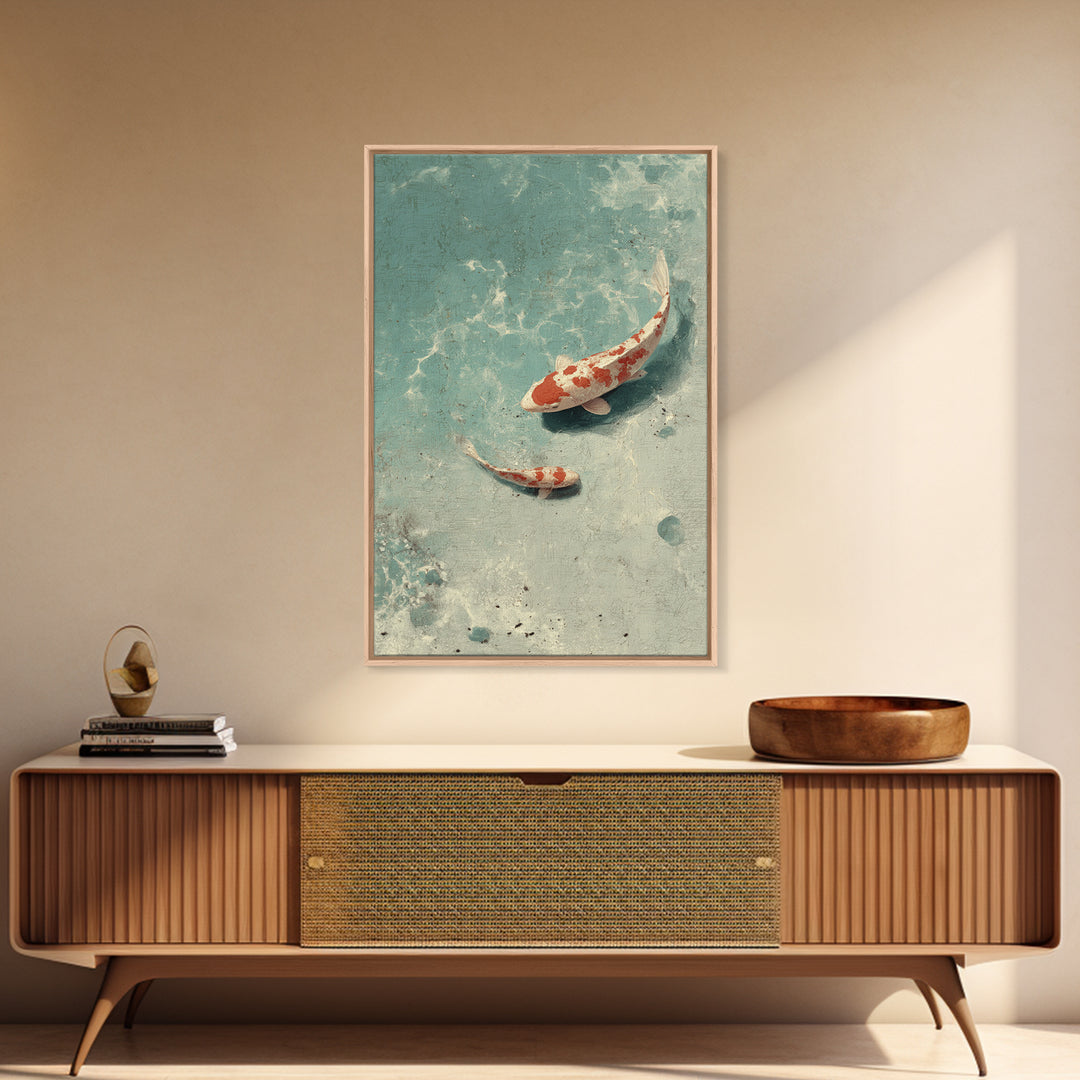 Minimal Koi Fish Swimming Through Clear Water Framed Canvas Print, Bathroom Art, Gallery Decor, Bathroom Decor, Fine Art, Spa, BAT-2x3-64