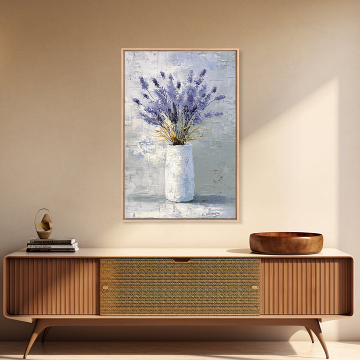 Lavender Sprigs in a Ceramic Vase Framed Canvas Print, Bathroom Art, Minimalist Decor, Bathroom Decor, Fine Art, Spa, BAT-2x3-68