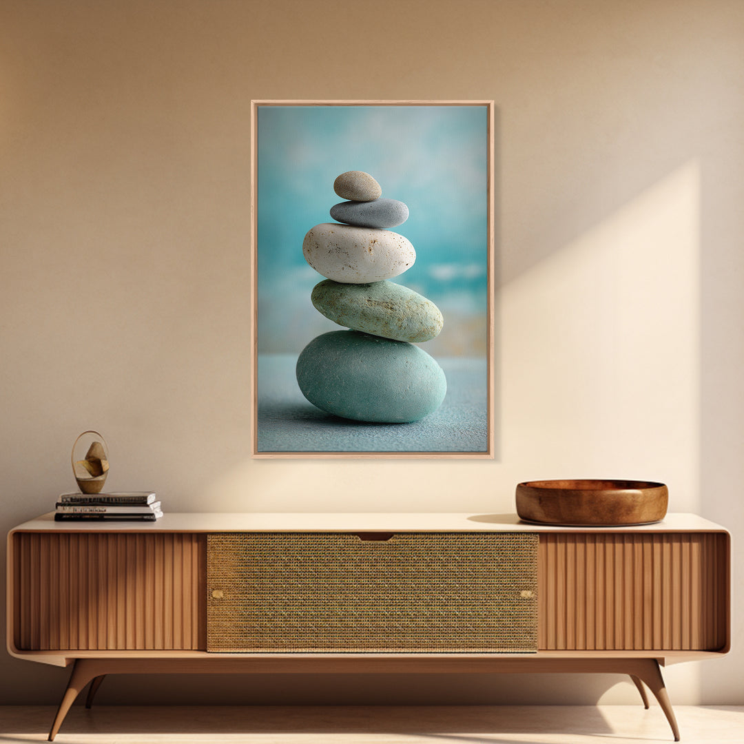 Monochrome Pebble Stack Framed Canvas Print, Bathroom Art, Digital Art, Bathroom Decor, Fine Art, Spa, Dopamine Decor, BAT-2x3-69