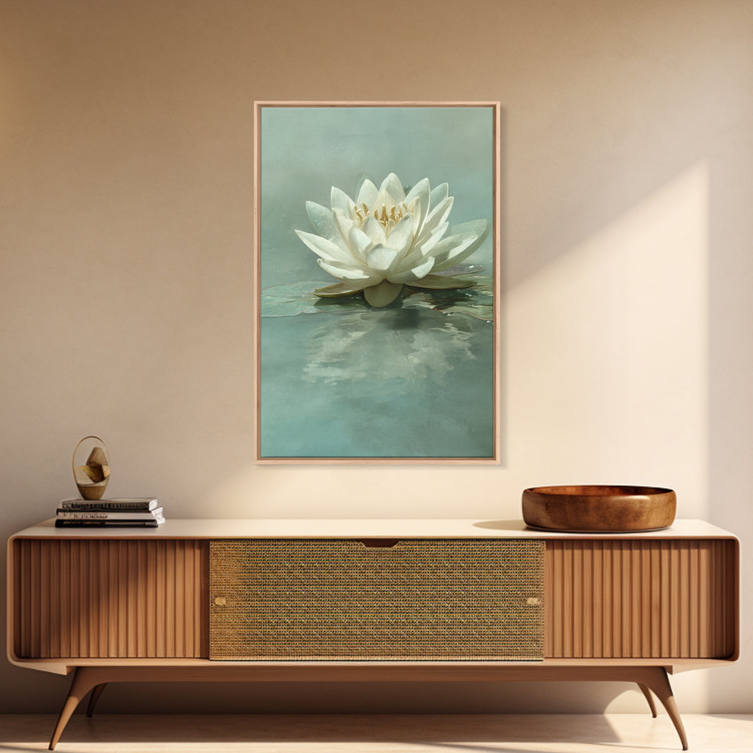 Lotus Flower Floating on Calm Water Framed Canvas Print, Bathroom Art, Digital Wall Art, Bathroom Decor, Fine Art, Spa, BAT-2x3-76