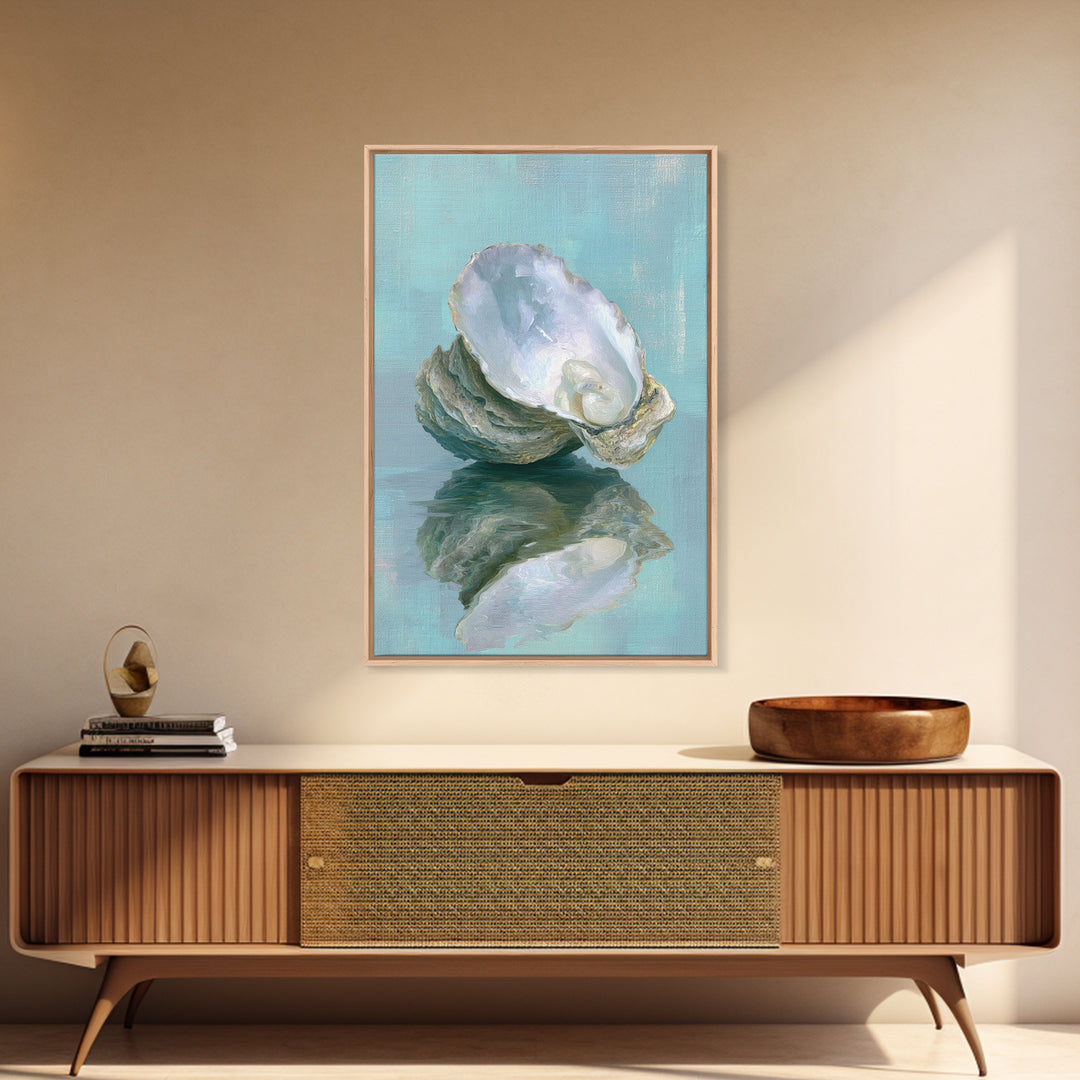 Oyster Shell Study Framed Canvas Print, Bathroom Art, Minimalist Decor, Bathroom Decor, Spa, Wall Hanging, Framed Wall Art, BAT-2x3-78