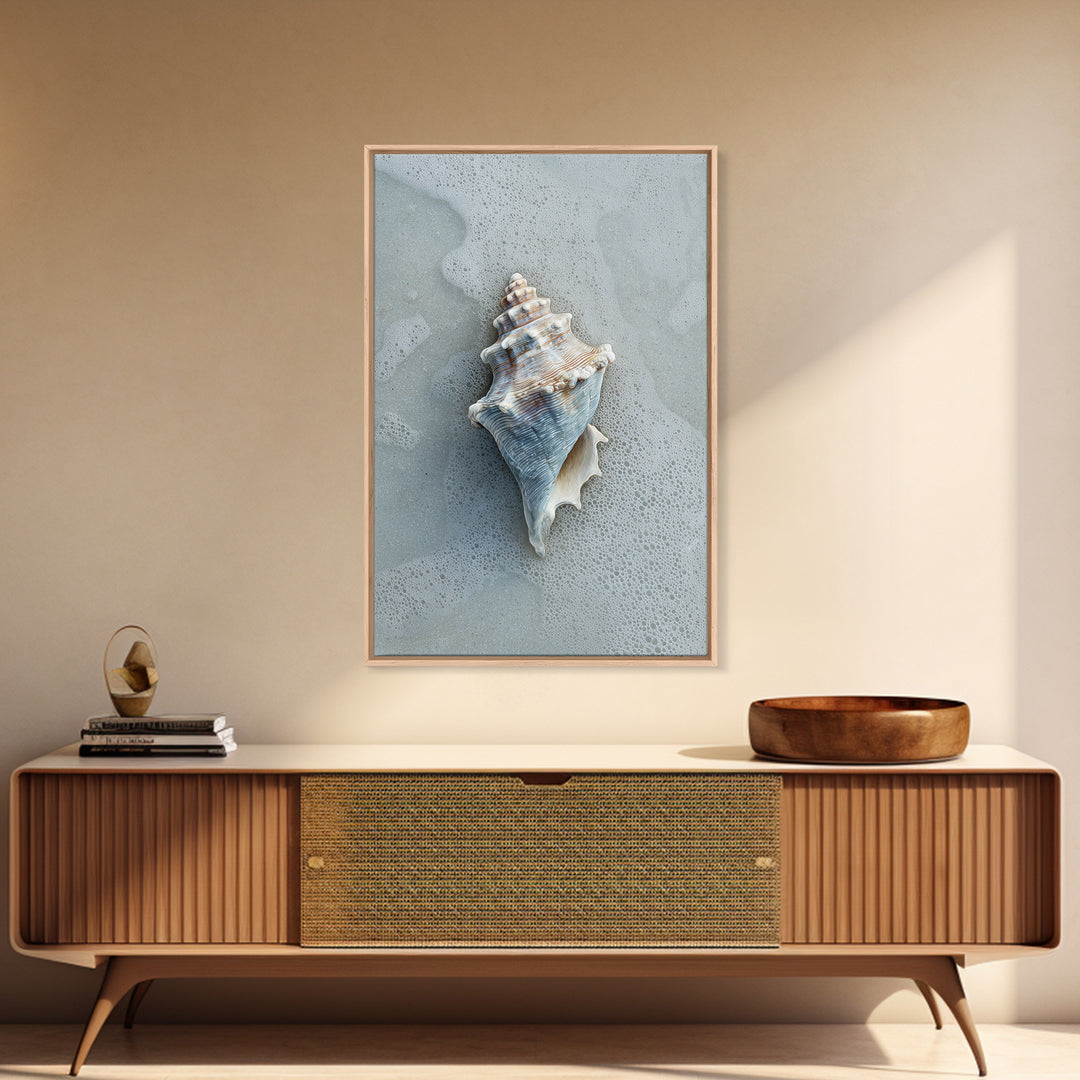 Minimal Seashell Still Life on Pale Sand Framed Canvas Print, Bathroom Art, Digital Art, Bathroom Decor, Abstract Art, Spa, BAT-2x3-83