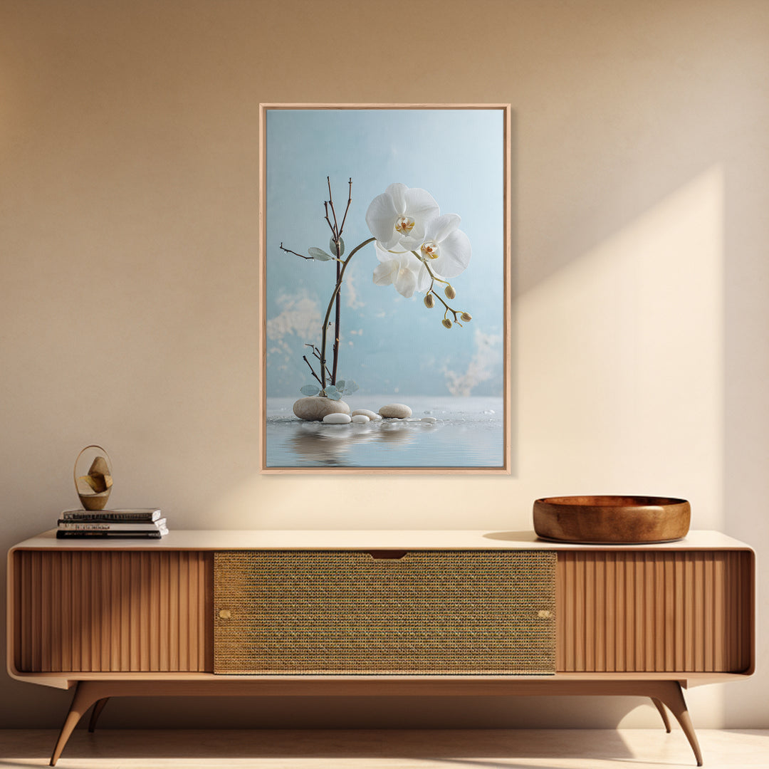 White Orchid on Warm Stone Background Framed Canvas Print, Bathroom Art, Canvas Wall Art, Bathroom Decor, Fine Art, Spa, BAT-2x3-84