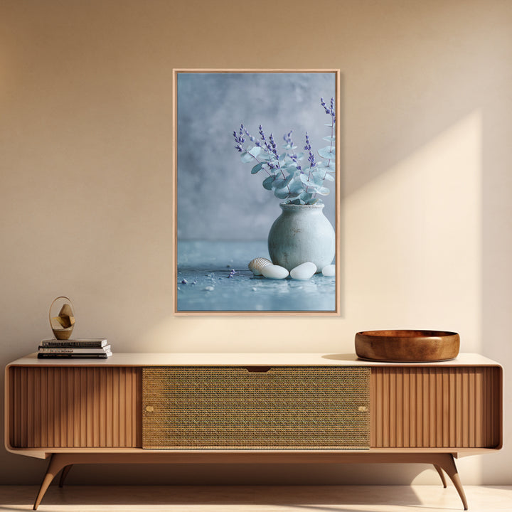 Lavender Sprigs in a Ceramic Vase Framed Canvas Print, Bathroom Art, Retro Wall Art, Bathroom Decor, Abstract Art, Spa, BAT-2x3-92