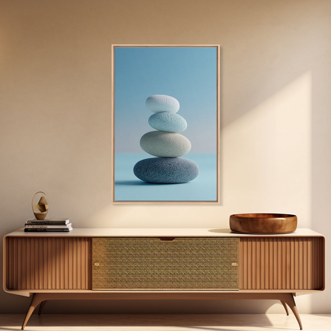 Monochrome Pebble Stack Framed Canvas Print, Bathroom Art, Digital Art, Bathroom Decor, Fine Art, Spa, Dopamine Decor, BAT-2x3-93