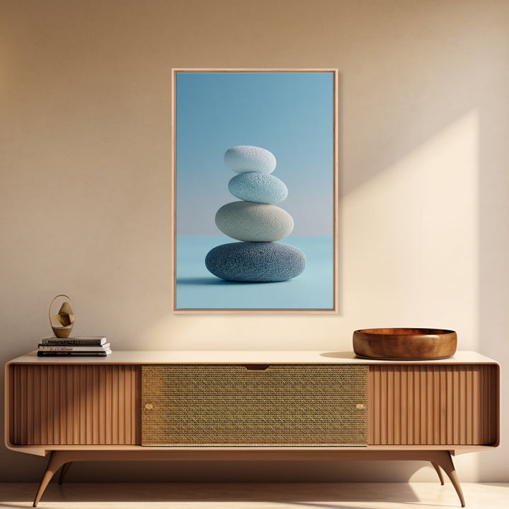 Monochrome Pebble Stack Framed Canvas Print, Bathroom Art, Digital Art, Bathroom Decor, Fine Art, Spa, Dopamine Decor, BAT-2x3-93