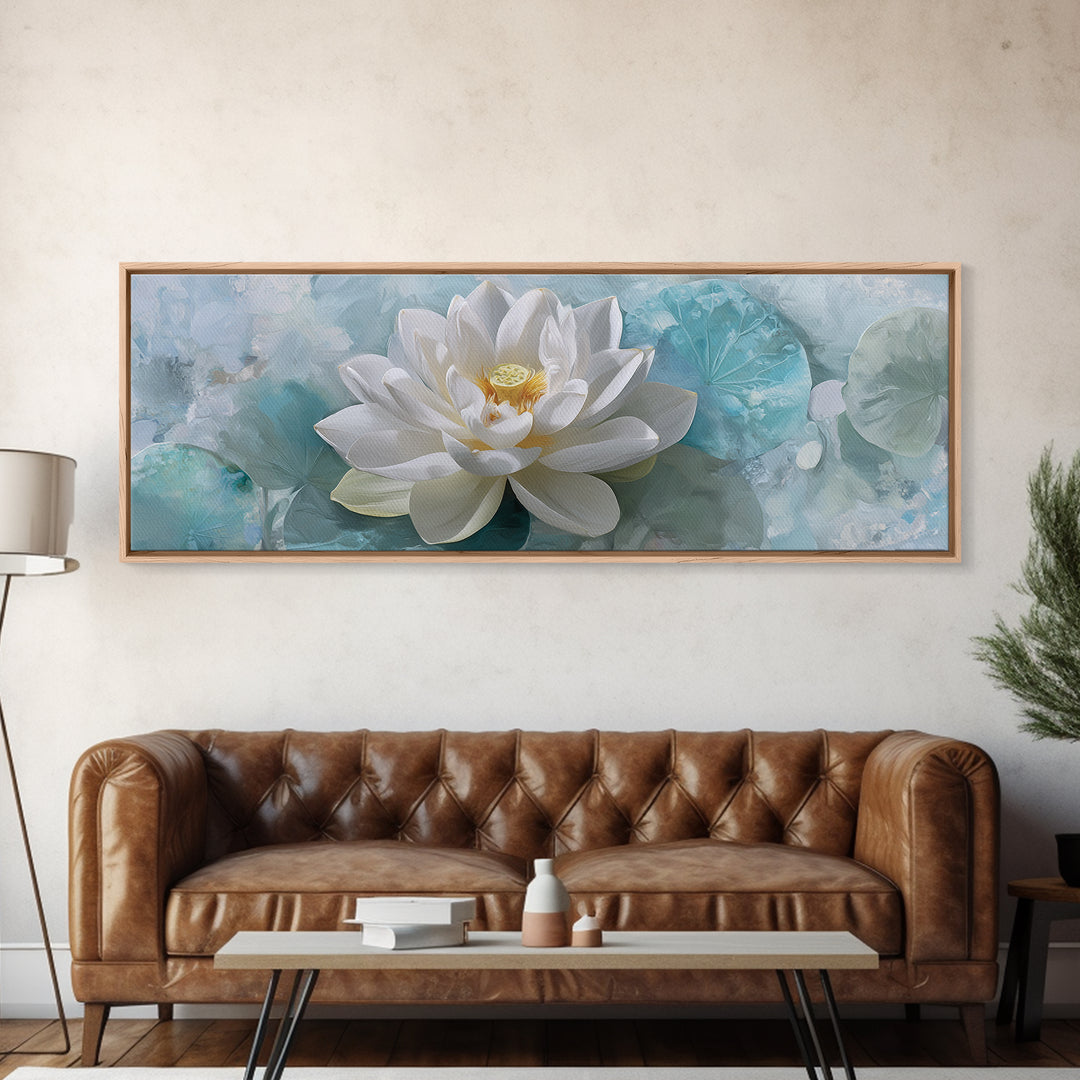 Lotus Flower Floating on Calm Water Framed Canvas Print, Bathroom Art, Modern Art, Bathroom Decor, Spa, Statement Artwork, BAT-3x1-12