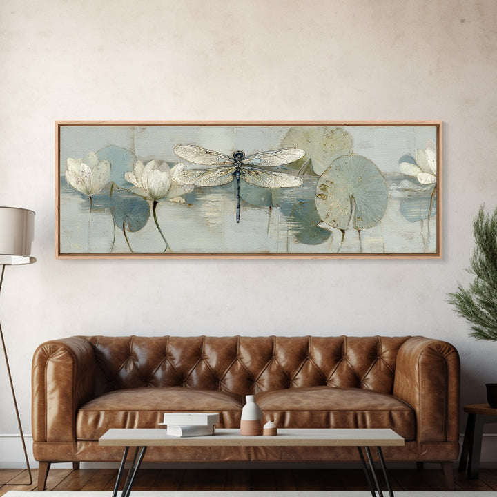 Delicate Dragonfly Above a Pond Surface Canvas Print, Bathroom Art, Unique Wall Art, Bathroom Decor, Spa, Gallery Decor, BAT-3x1-16