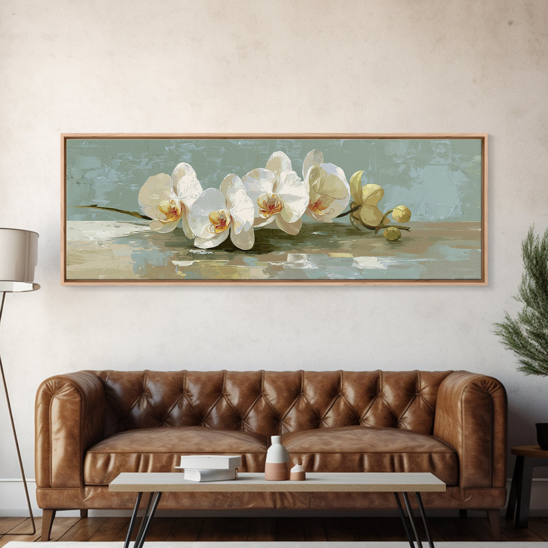 White Orchid on Warm Stone Background Canvas Print, Bathroom Art, Minimalist Wall Art, Bathroom Decor, Fine Art, Spa, BAT-3x1-20