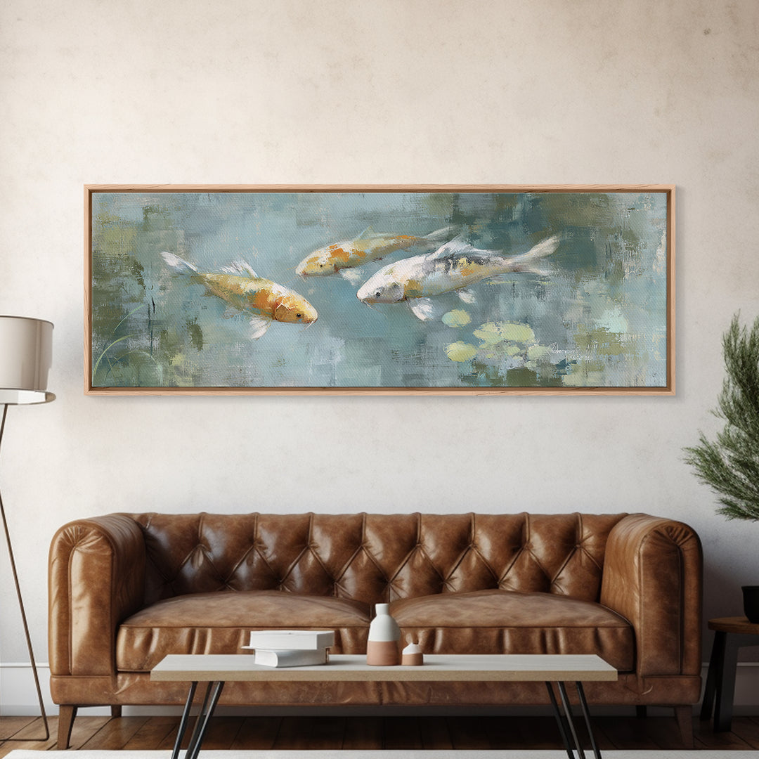 Minimal Koi Fish Swimming Through Clear Water Canvas Print, Bathroom Art, Bathroom Wallpaper, Bathroom Decor, Fine Art, Spa, BAT-3x1-24