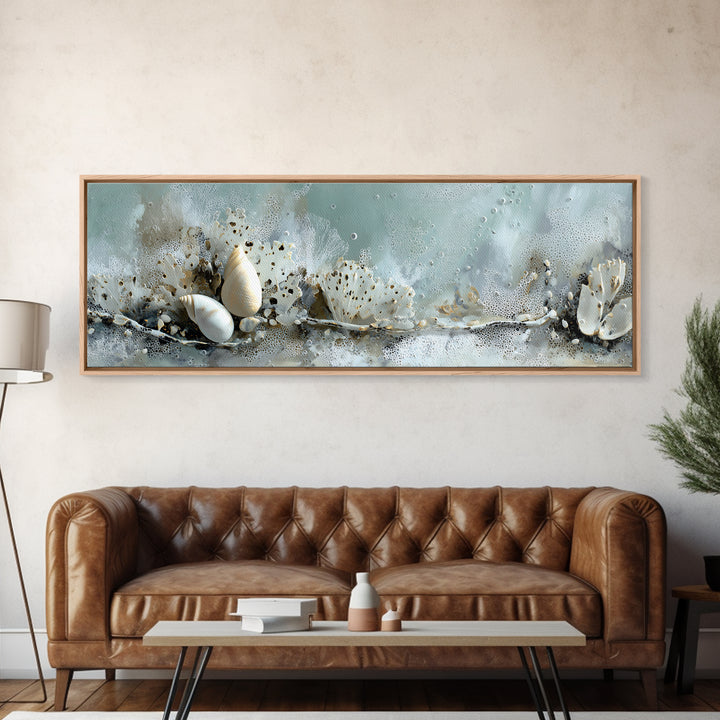 Coral and Shell Arrangement Framed Canvas Print, Bathroom Art, Modern Decor, Bathroom Decor, Fine Art, Spa, Home Decor, BAT-3x1-27