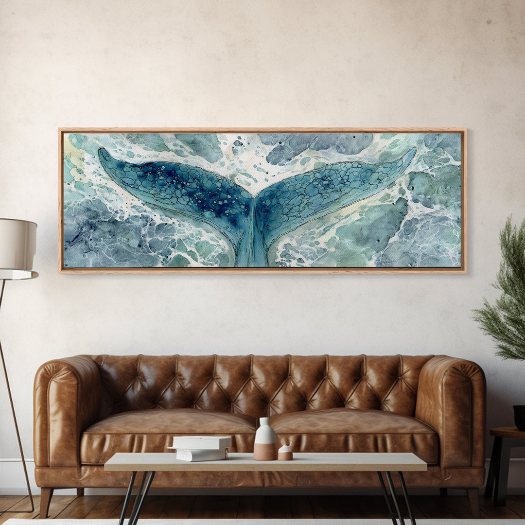 Watercolor Whale Tail Canvas Print, Bathroom Art, Fine Art Print, Bathroom Decor, Fine Art, Spa, Poster, Digital Art, BAT-3x1-31