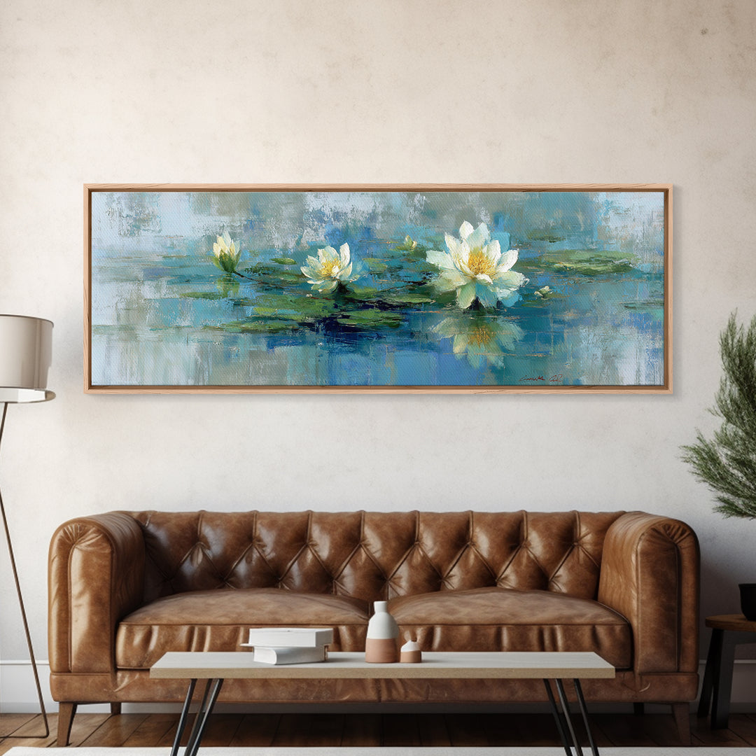 Lotus Flower Floating on Calm Water Canvas Print, Bathroom Art, Trendy Wall Art, Bathroom Decor, Fine Art, Spa, BAT-3x1-36