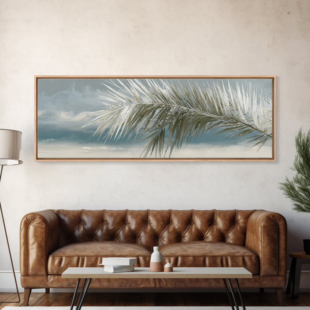 Simple Palm Frond on Off White Linen Canvas Print, Bathroom Art, Gallery Decor, Bathroom Decor, Fine Art, Spa, Minimalist Decor, BAT-3x1-39