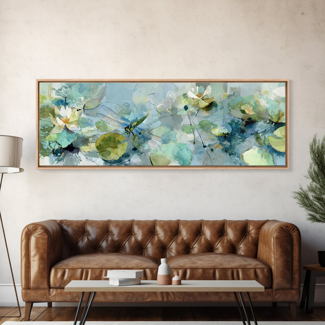 Delicate Dragonfly Above a Pond Surface Canvas Print, Bathroom Art, Bathroom Print, Bathroom Decor, Fine Art, Spa, BAT-3x1-40