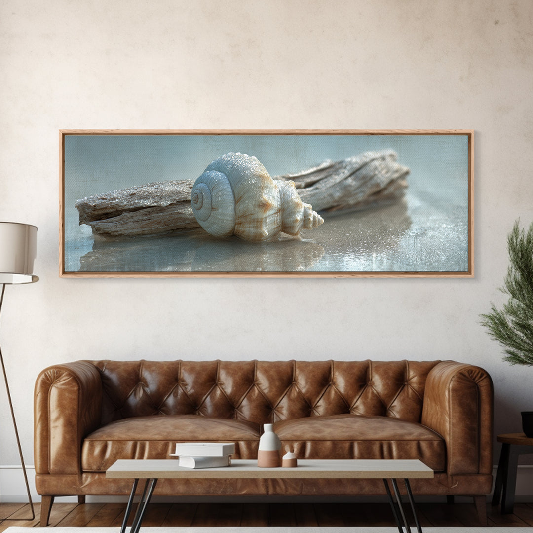 Minimal Seashell Still Life on Pale Sand Canvas Print, Bathroom Art, Minimalist Decor, Bathroom Decor, Fine Art, Spa, BAT-3x1-43
