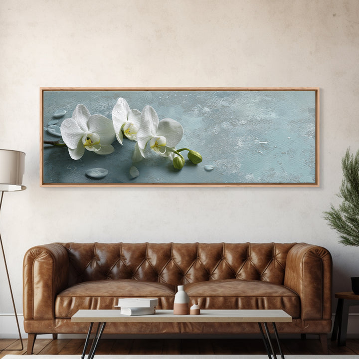 White Orchid on Warm Stone Background Framed Canvas Print, Bathroom Art, Gallery Decor, Bathroom Decor, Fine Art, Spa, BAT-3x1-44