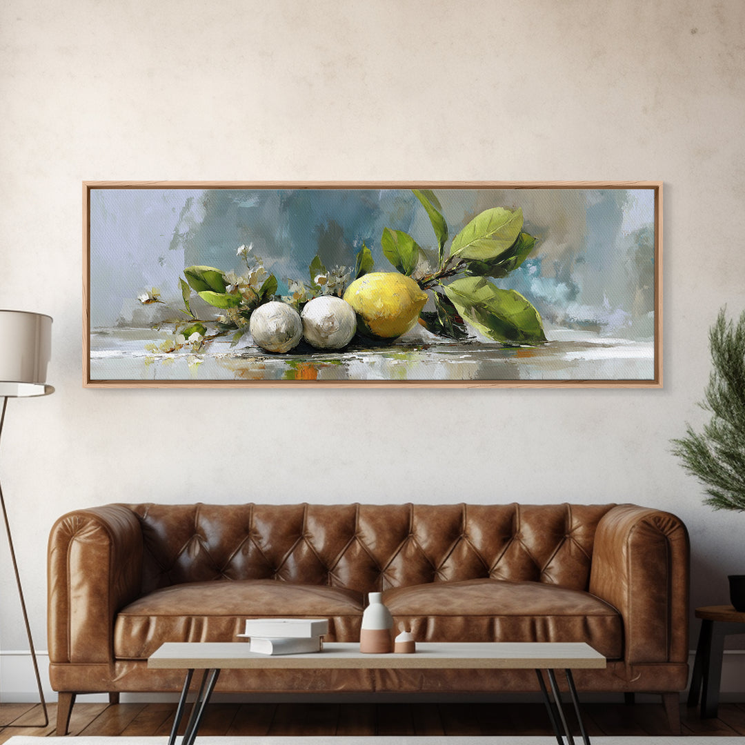 Lemon and Botanical Still Life Canvas Print, Bathroom Art, Wall Hanging, Bathroom Decor, Spa, Modern Art, Bathroom Art Decor, BAT-3x1-46
