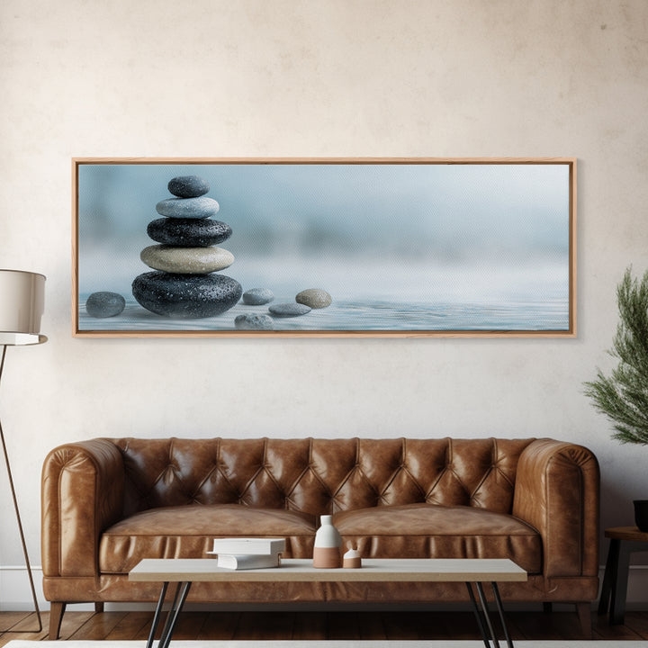 Monochrome Pebble Stack Framed Canvas Print, Bathroom Art, Poster, Bathroom Decor, Watercolor Art, Spa, Digital Print, BAT-3x1-5