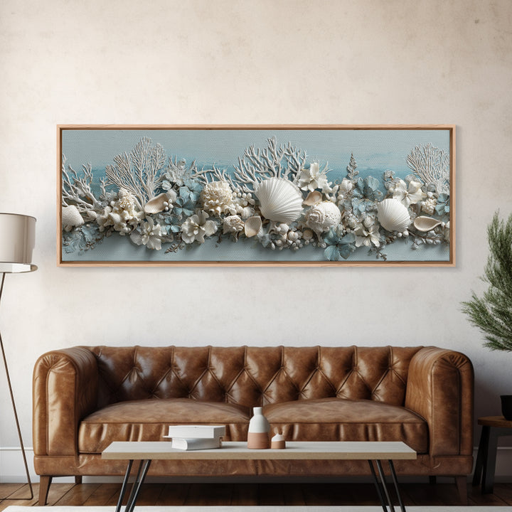 Coral and Shell Arrangement Framed Canvas Print, Bathroom Art, Wall Art, Bathroom Decor, Fine Art, Spa, Dog Portrait, BAT-3x1-51