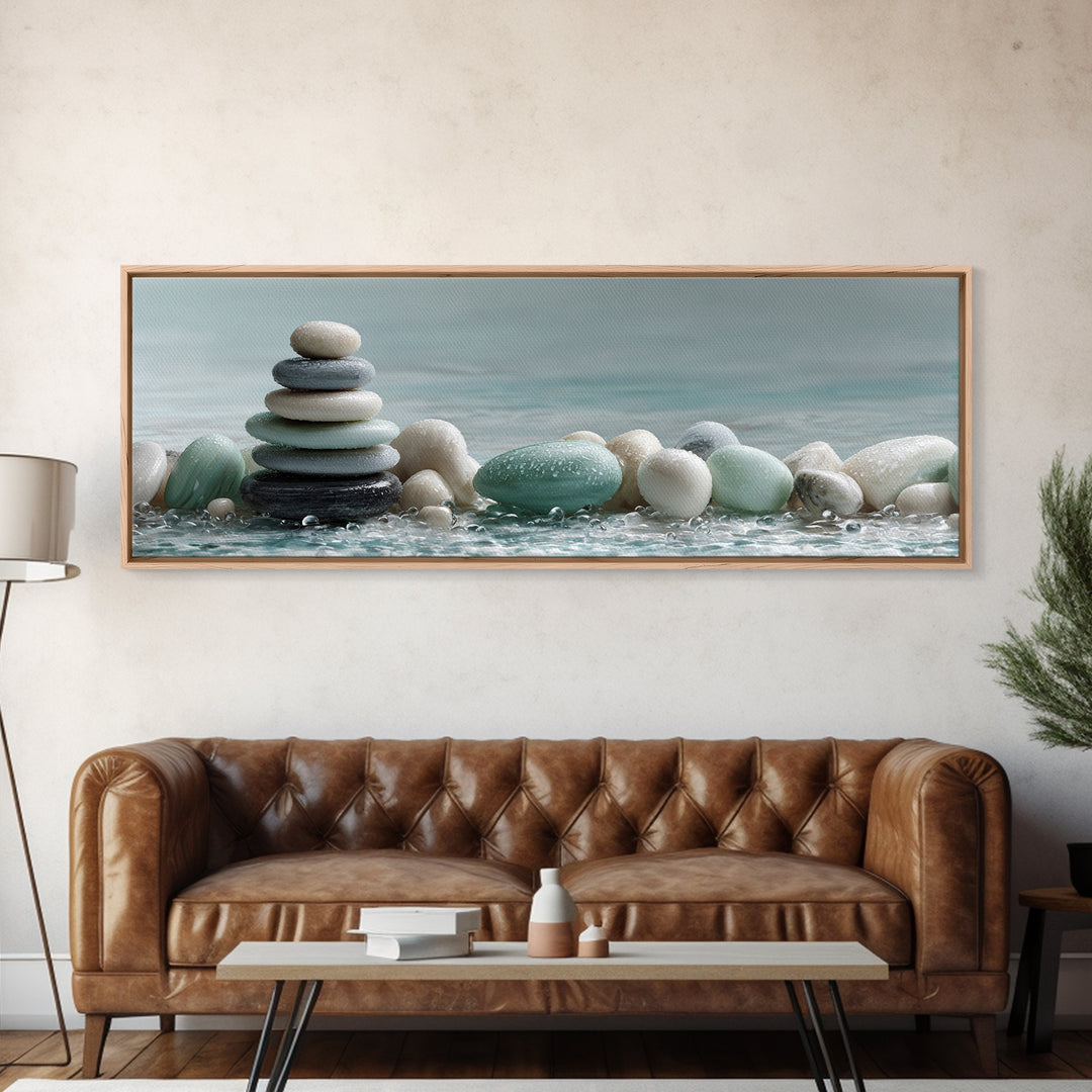 Monochrome Pebble Stack Framed Canvas Print, Bathroom Art, Canvas Wall Art, Bathroom Decor, Fine Art, Spa, Bathroom Wallpaper, BAT-3x1-53