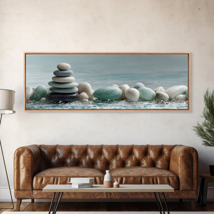Monochrome Pebble Stack Framed Canvas Print, Bathroom Art, Canvas Wall Art, Bathroom Decor, Fine Art, Spa, Bathroom Wallpaper, BAT-3x1-53