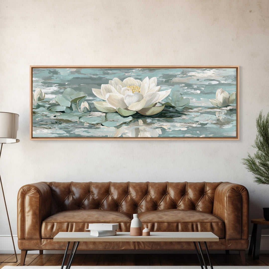 Lotus Flower Floating on Calm Water Framed Canvas Print, Bathroom Art, Fine Art Print, Bathroom Decor, Oil Painting, Spa, BAT-3x1-60