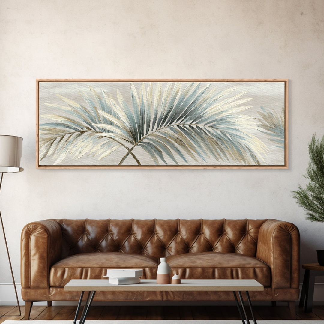 Simple Palm Frond on Off White Linen Framed Canvas Print, Bathroom Art, Boho Decor, Bathroom Decor, Abstract Art, Spa, BAT-3x1-63