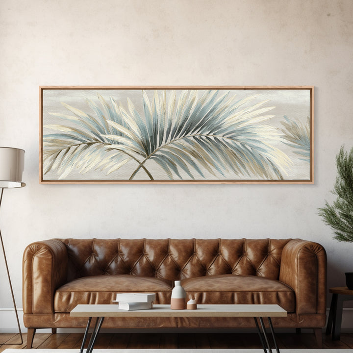 Simple Palm Frond on Off White Linen Framed Canvas Print, Bathroom Art, Boho Decor, Bathroom Decor, Abstract Art, Spa, BAT-3x1-63