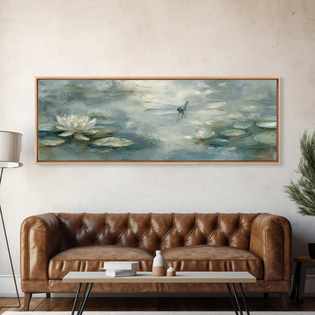 Delicate Dragonfly Above a Pond Surface Framed Canvas Print, Bathroom Art, Statement Artwork, Bathroom Decor, Fine Art, Spa, BAT-3x1-64