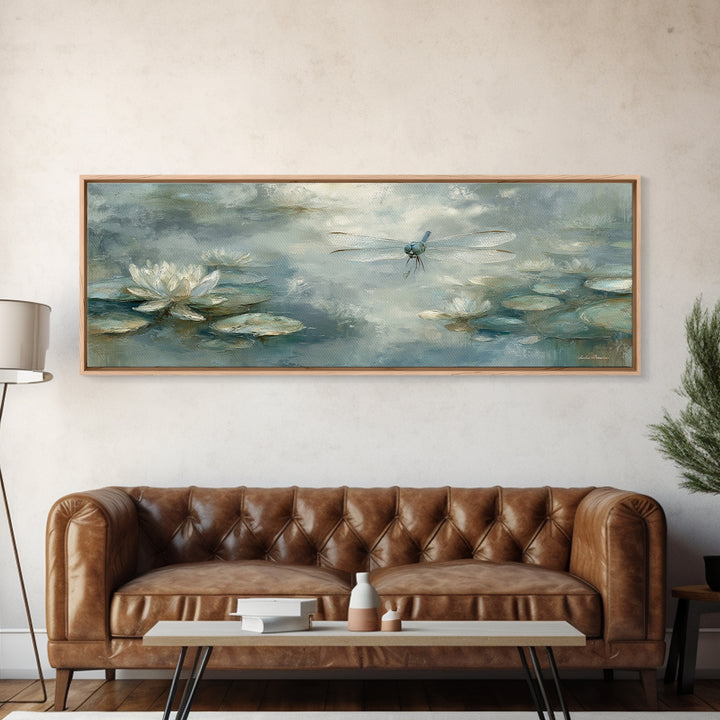 Delicate Dragonfly Above a Pond Surface Framed Canvas Print, Bathroom Art, Statement Artwork, Bathroom Decor, Fine Art, Spa, BAT-3x1-64