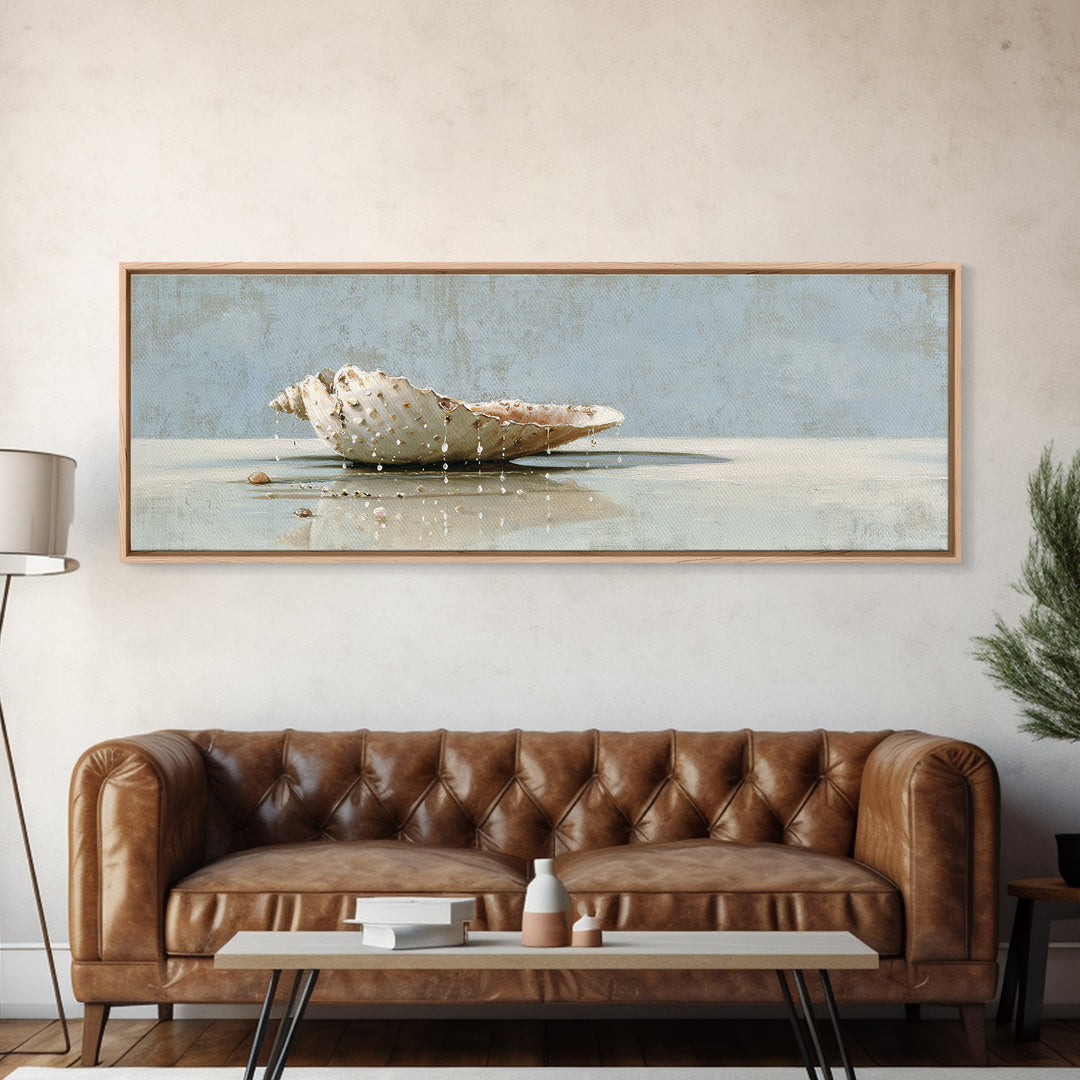 Minimal Seashell Still Life on Pale Sand Framed Canvas Print, Bathroom Art, Printable, Bathroom Decor, Abstract Art, Spa, BAT-3x1-67