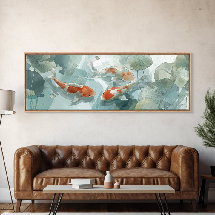 Minimal Koi Fish Swimming Through Clear Water Framed Canvas Print, Bathroom Art, Minimalist Decor, Bathroom Decor, Spa, BAT-3x1-72