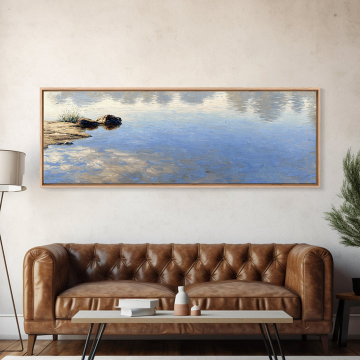 Misty Lake Scene Framed Canvas Print, Bathroom Art, Unique Wall Art, Bathroom Decor, Oil Painting, Spa, Gallery Decor, BAT-3x1-73
