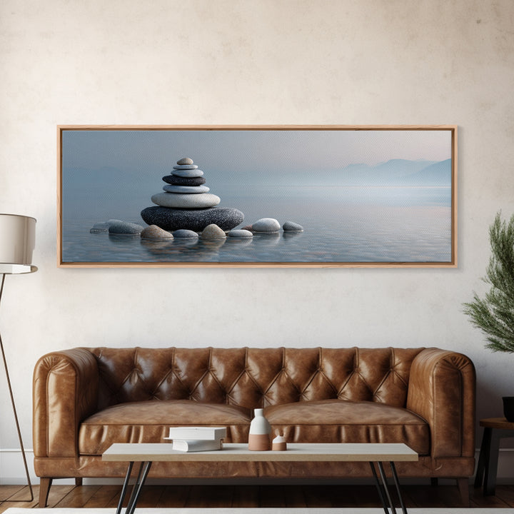 Monochrome Pebble Stack Framed Canvas Print, Bathroom Art, Canvas Wall Art, Bathroom Decor, Fine Art, Spa, Bathroom Wallpaper, BAT-3x1-77