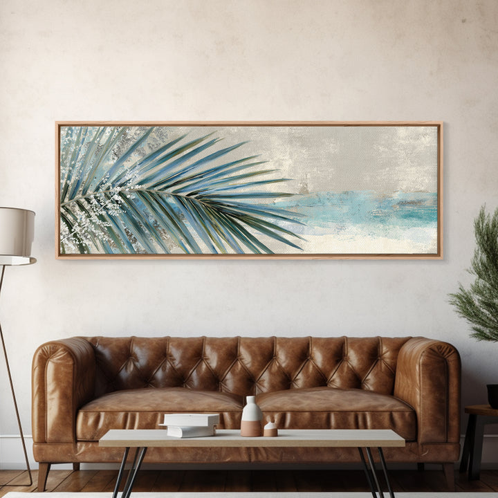 Simple Palm Frond on Off White Linen Framed Canvas Print, Bathroom Art, Digital Art, Bathroom Decor, Abstract Art, Spa, BAT-3x1-87