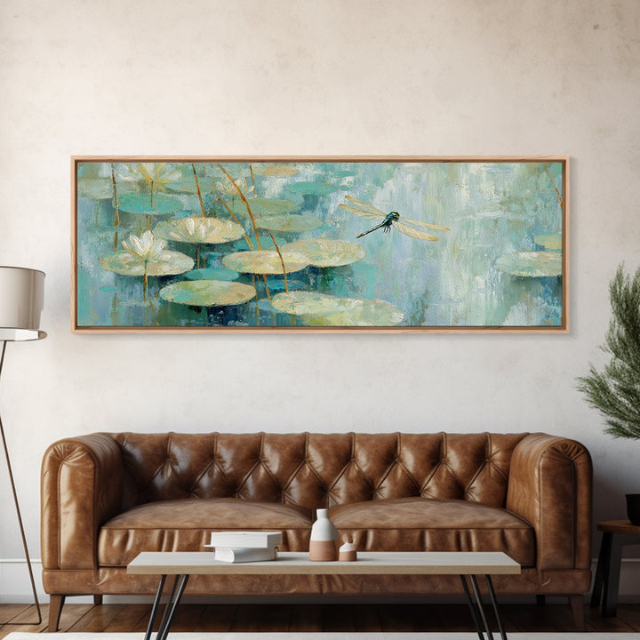 Delicate Dragonfly Above a Pond Surface Canvas Print, Bathroom Art, Textured Painting, Bathroom Decor, Oil Painting, Spa, BAT-3x1-88