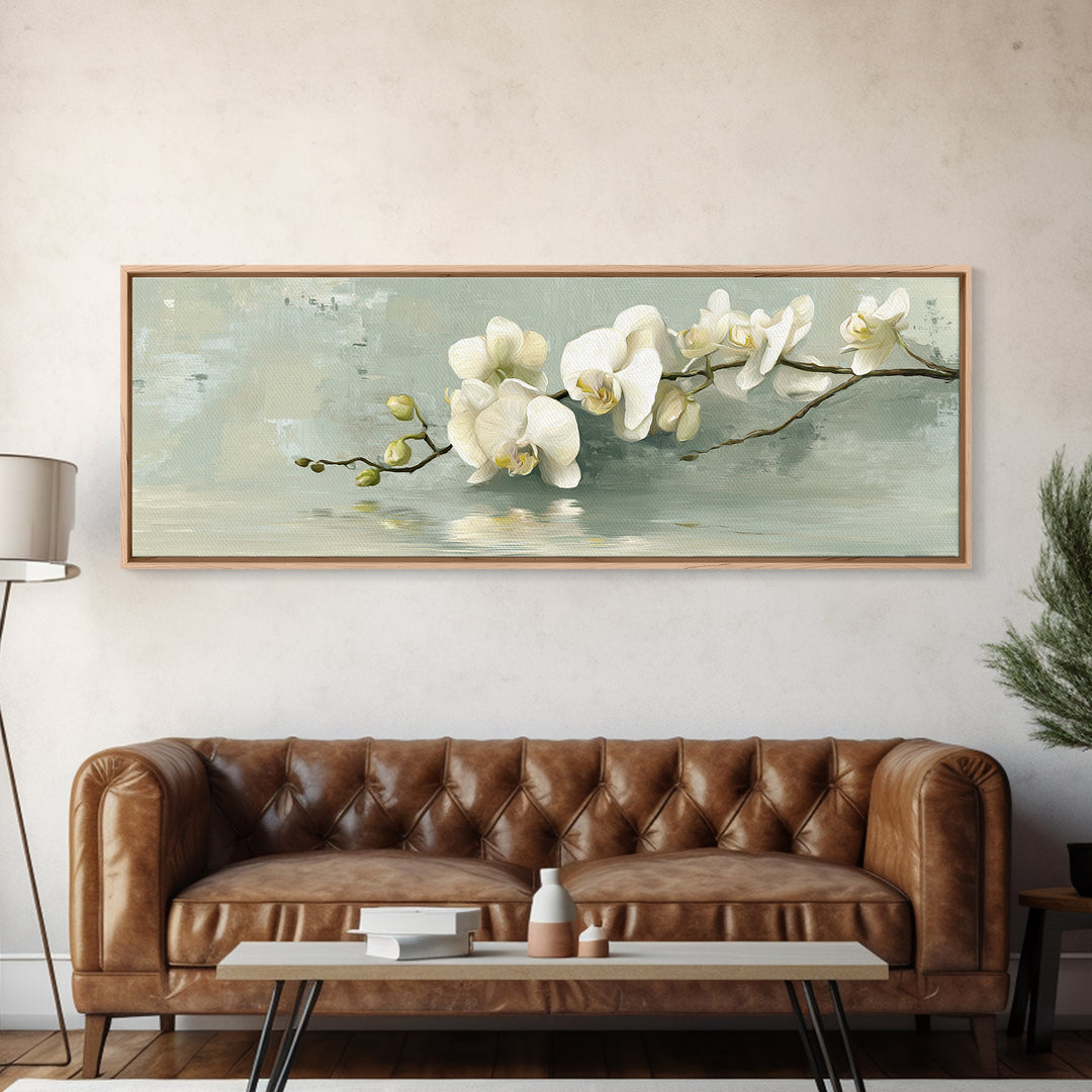 White Orchid on Warm Stone Background Canvas Print, Bathroom Art, Digital Art, Bathroom Decor, Oil Painting, Spa, BAT-3x1-92