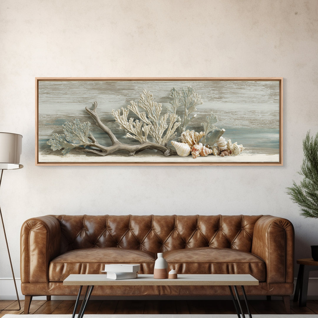 Coral and Shell Arrangement Framed Canvas Print, Bathroom Art, Wall Decor, Bathroom Decor, Fine Art, Spa, Contemporary Art, BAT-3x1-99