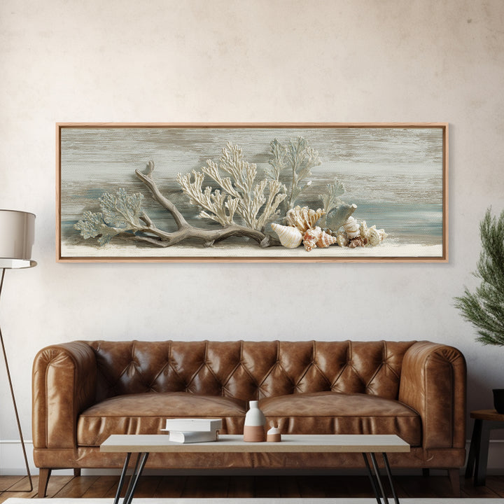 Coral and Shell Arrangement Framed Canvas Print, Bathroom Art, Wall Decor, Bathroom Decor, Fine Art, Spa, Contemporary Art, BAT-3x1-99