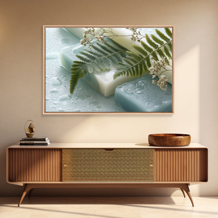 Green Fern Frond Closeup Framed Canvas Print, Bathroom Art, Home Decor, Bathroom Decor, Fine Art, Spa, Canvas Wall Art, BAT-3x2-14