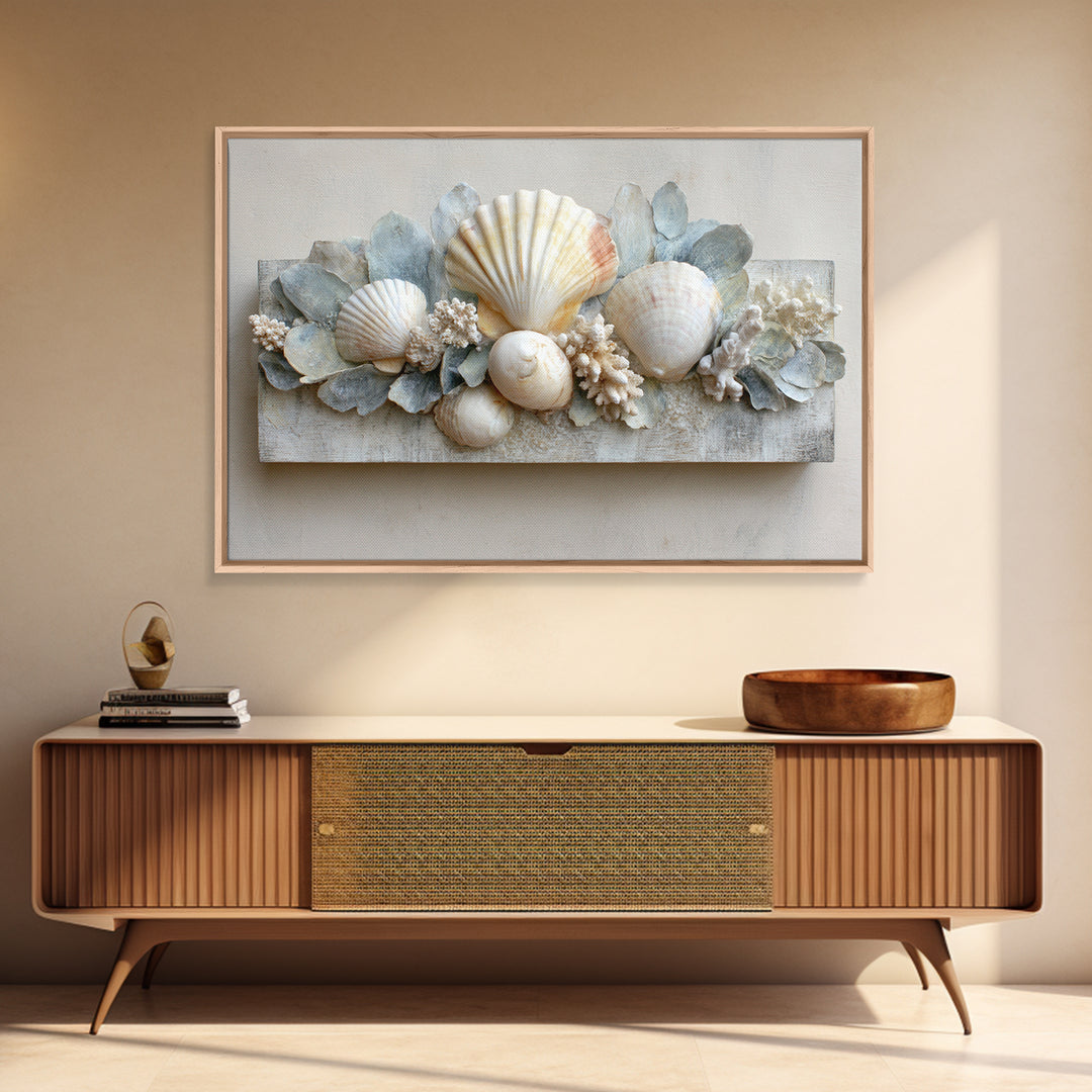 Coral and Shell Arrangement Framed Canvas Print, Bathroom Art, Minimalist Decor, Bathroom Decor, Fine Art, Spa, Wall Hanging, BAT-3x2-15