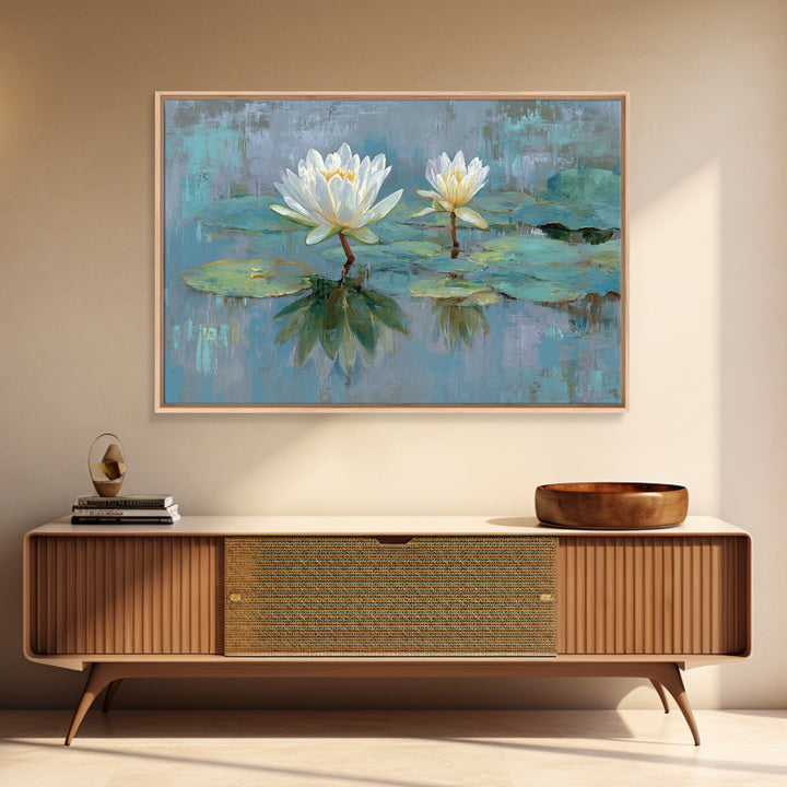 Lotus Flower Floating on Calm Water Framed Canvas Print, Bathroom Art, Digital Wall Art, Bathroom Decor, Fine Art, Spa, BAT-3x2-24