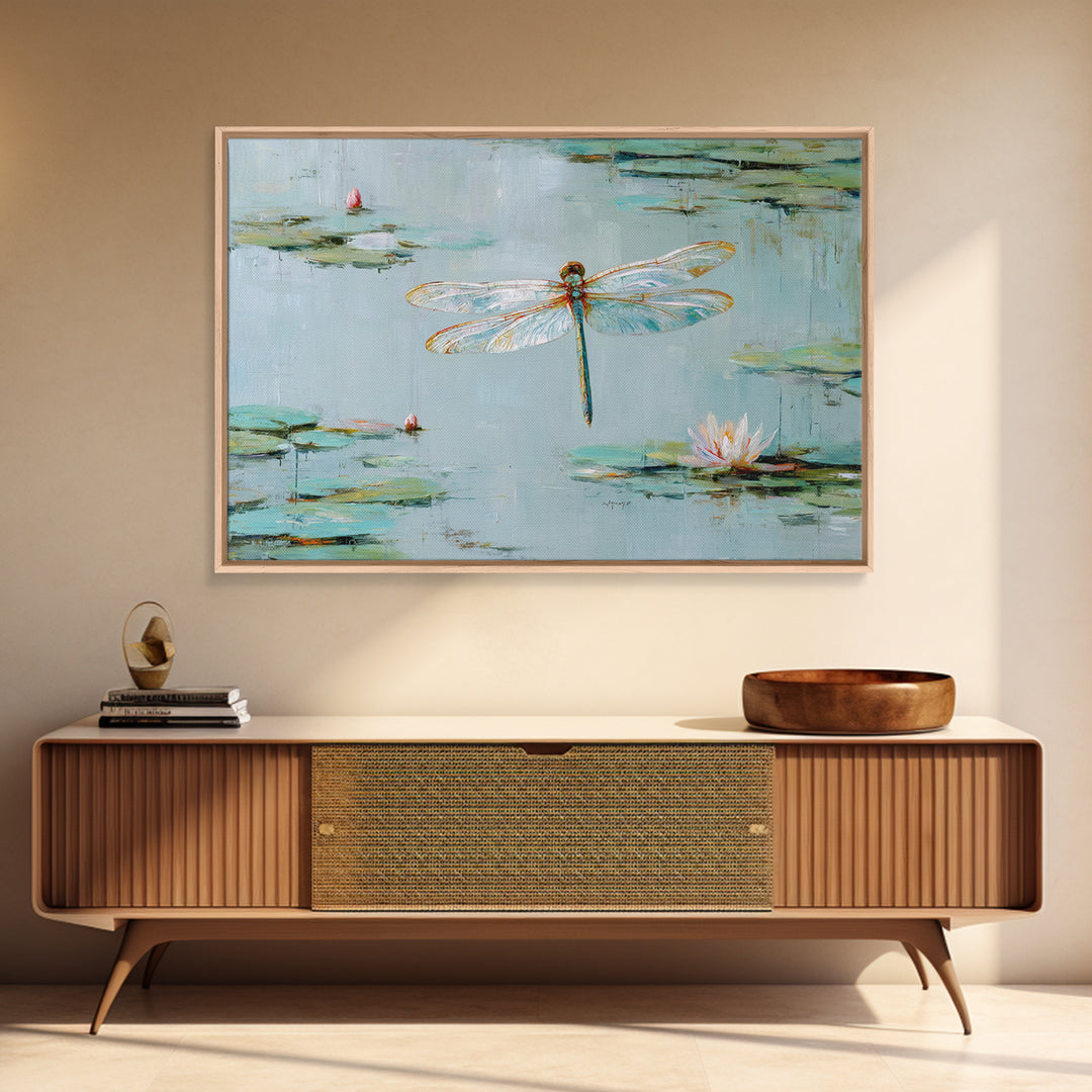 Delicate Dragonfly Above a Pond Surface Framed Canvas Print, Bathroom Art, Home Decor, Bathroom Decor, Fine Art, Spa, BAT-3x2-28