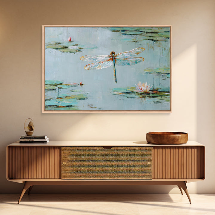 Delicate Dragonfly Above a Pond Surface Framed Canvas Print, Bathroom Art, Home Decor, Bathroom Decor, Fine Art, Spa, BAT-3x2-28