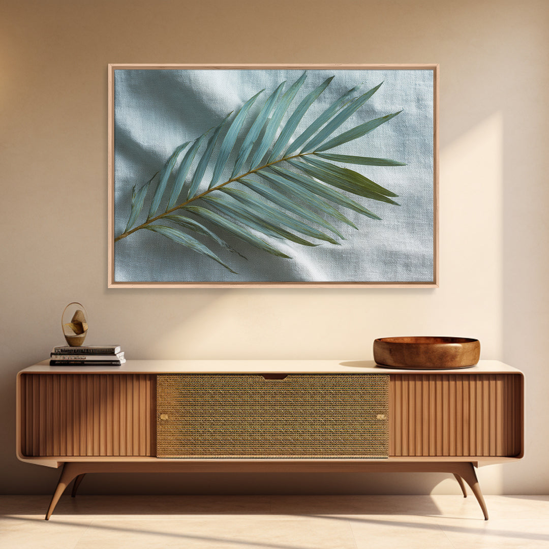 Simple Palm Frond on Off White Linen Canvas Print, Bathroom Art, Poster, Bathroom Decor, Abstract Art, Spa, Digital Print, BAT-3x2-3