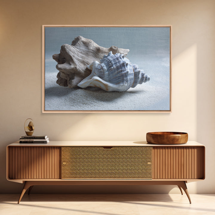 Minimal Seashell Still Life on Pale Sand Framed Canvas Print, Bathroom Art, Canvas Wall Art, Bathroom Decor, Fine Art, Spa, BAT-3x2-31