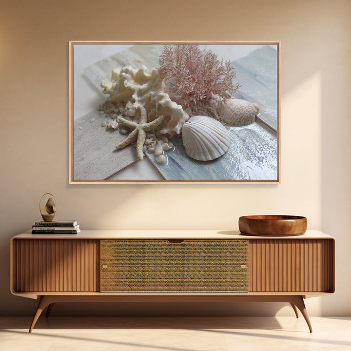 Coral and Shell Arrangement Framed Canvas Print, Bathroom Art, Retro Wall Art, Bathroom Decor, Fine Art, Spa, Modern Decor, BAT-3x2-39